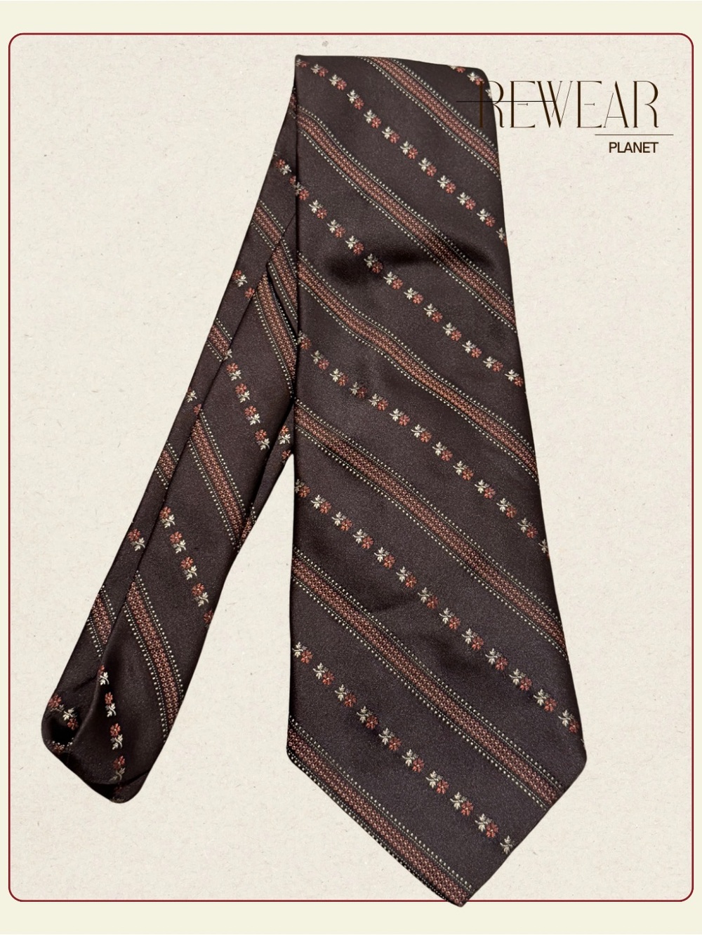 Vintage 1980s Yves Saint Laurent Paris 100% Silk Wide Necktie Brown Floral Strip
